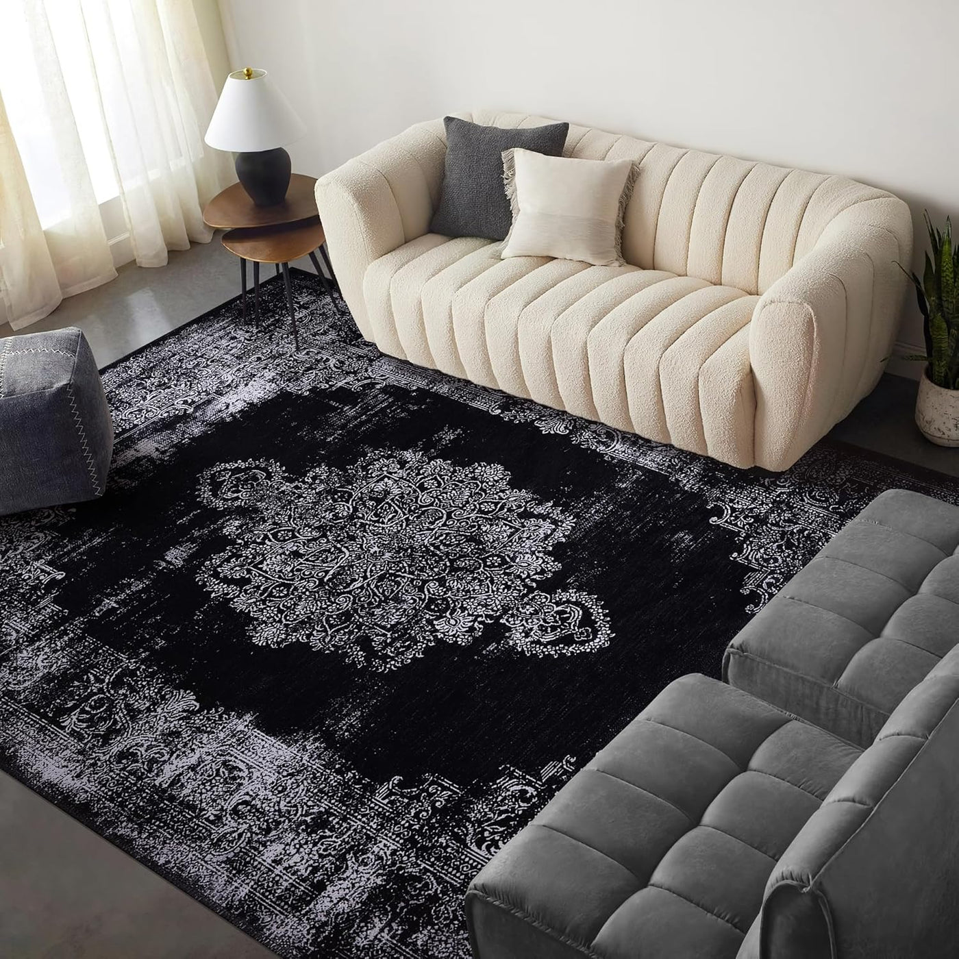 Kilim black and gray medallion washable rug by Netline Home with intricate medallion pattern and durable fabric.