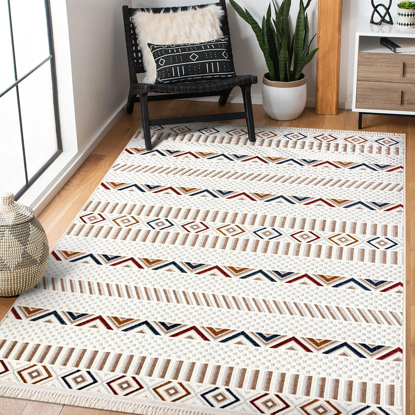 Soft beige Netline Home bohemian-style area rug for living room, bedroom, or hallway with low pile, durable, pet and kid-friendly.