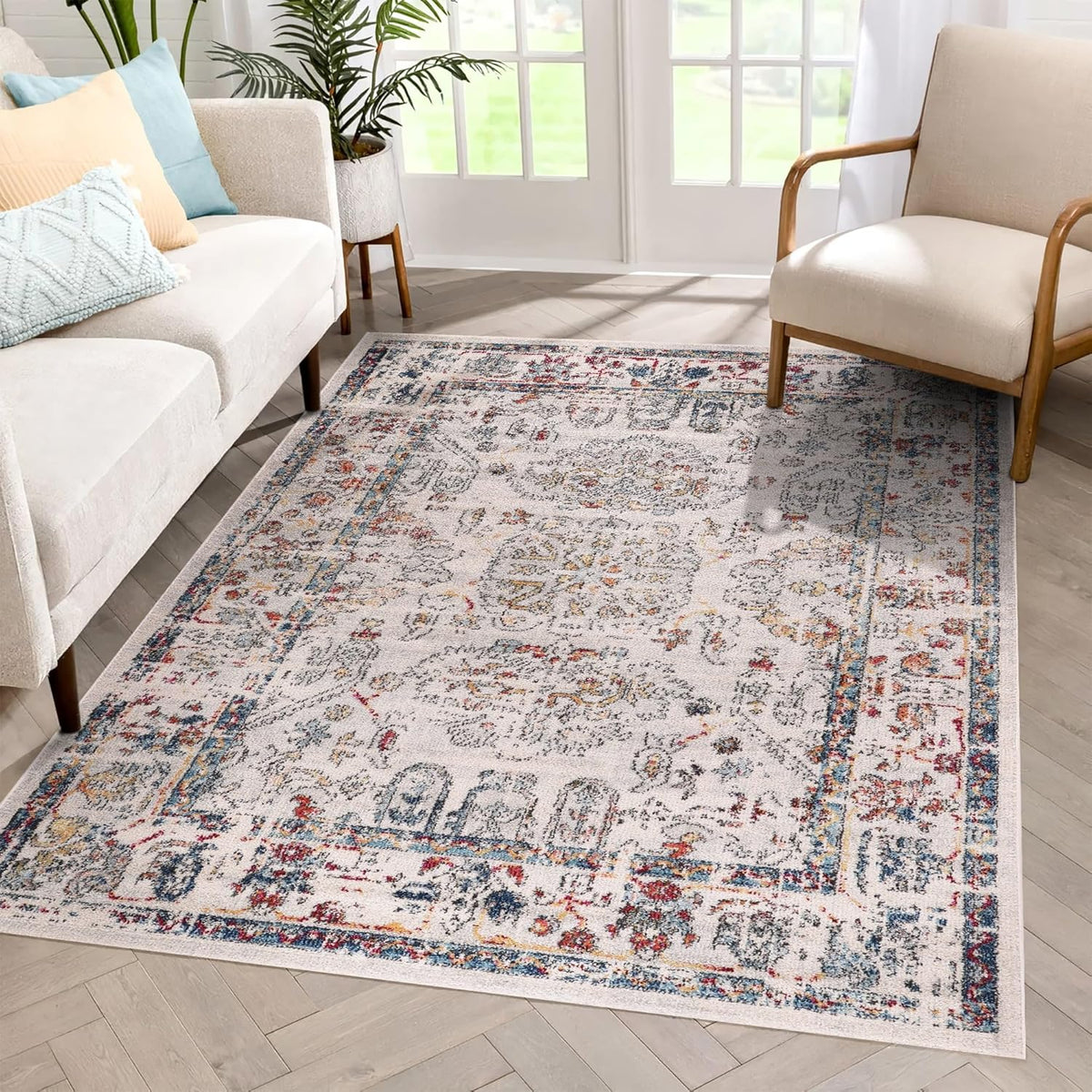 Vintage beige runner rug by Netline Home featuring a distressed medallion design, soft, durable, and pet-friendly for living spaces.