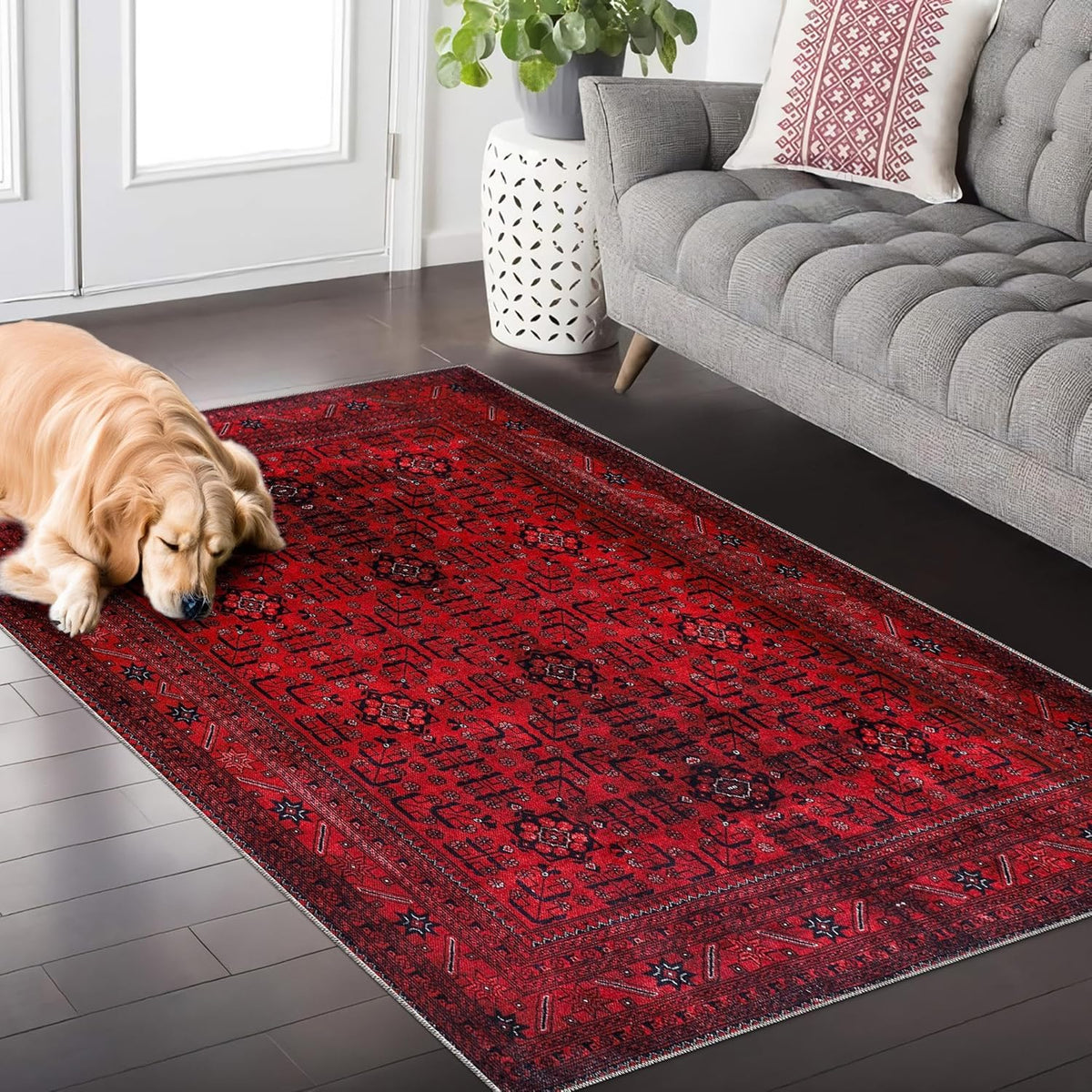Red washable cotton area rug by Netline Home, non-slip vintage woven rug for living room, bedroom, or kitchen, 80x150 cm.