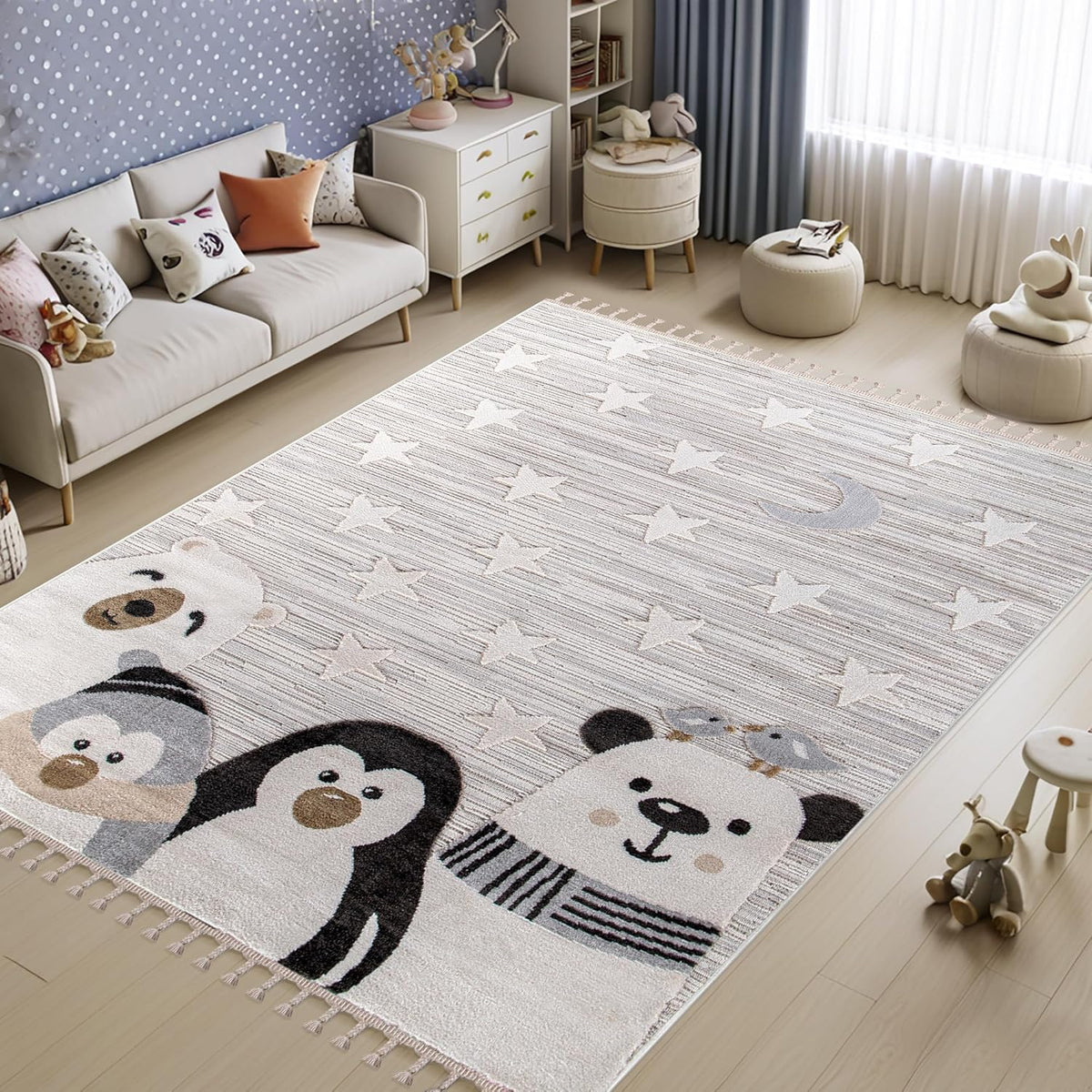 Kids rug by Netline Home featuring soft gray cartoon design, non-shedding, hypoallergenic, pet-friendly, durable area rug for children's room