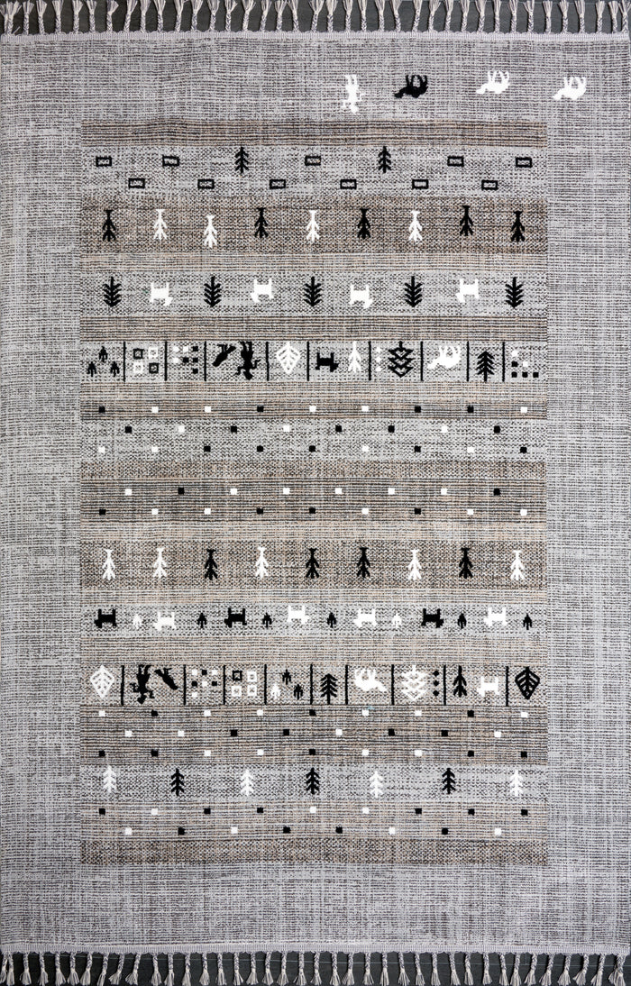 Tribal Flatweave Indoor Outdoor Rug – Durable Geometric Carpet with Tassels (Grey & Black) shown in an illustrative room