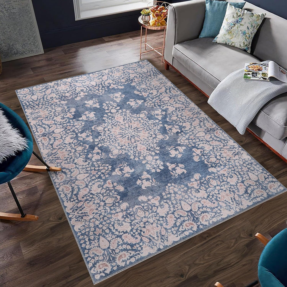 Blue vintage runner rug from Netline Home, 80x150 cm, machine washable, non-slip, low pile, pet and kid friendly for living spaces.