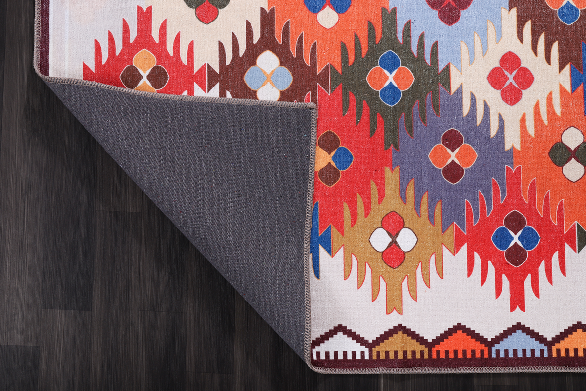 Multicolor washable Kilim rug with traditional Anatolian geometric design, ideal for living room, bedroom, or dining area.