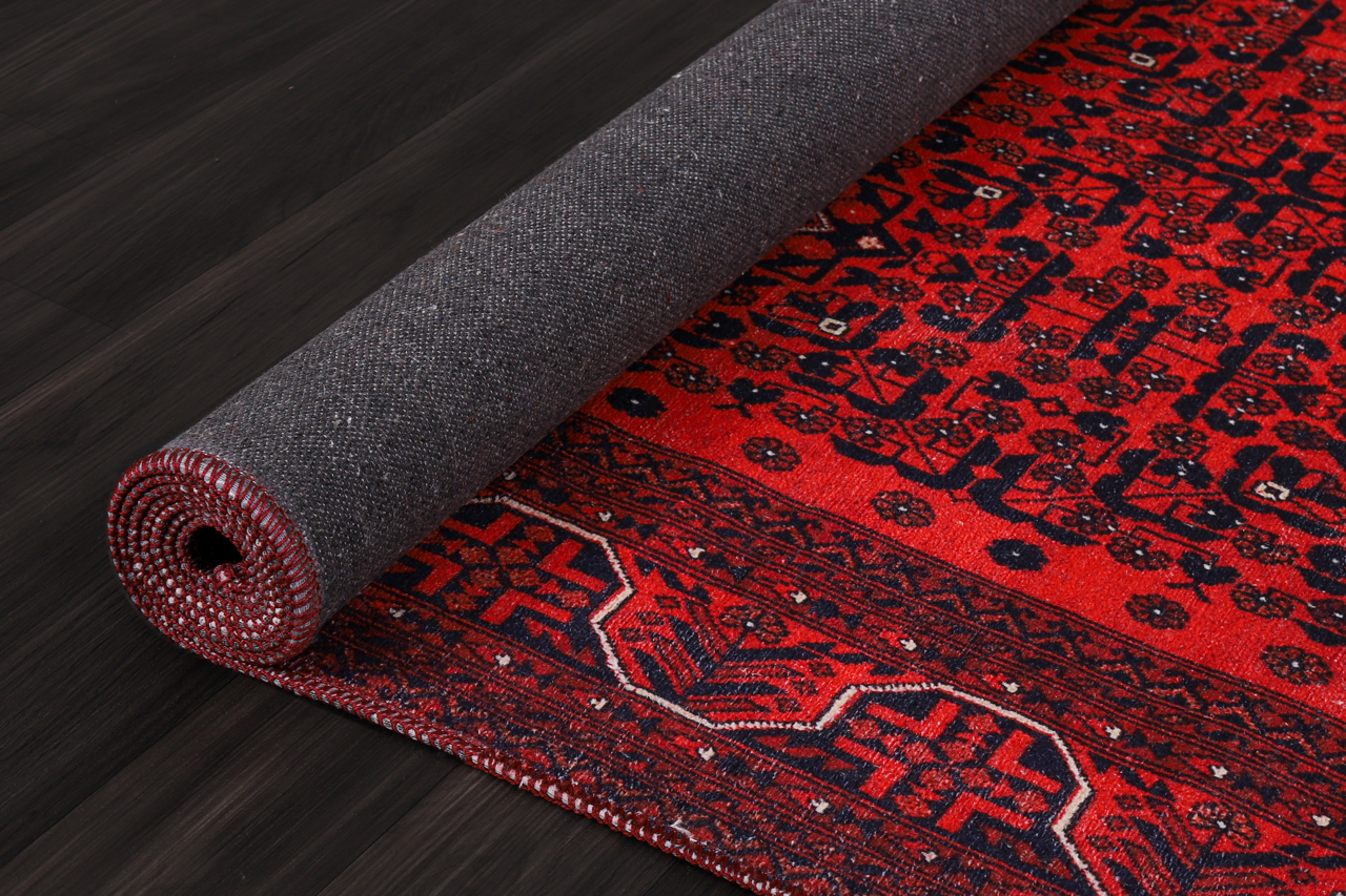 Machine washable Bokhara red rug with geometric oriental pattern by Netline Home, ideal for living rooms and bedrooms.