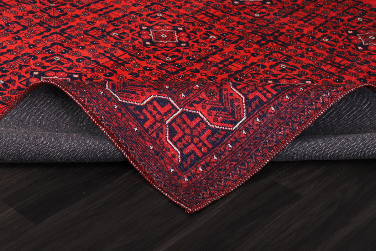 Machine washable Bokhara red rug with geometric oriental pattern by Netline Home, ideal for living room or bedroom decor.