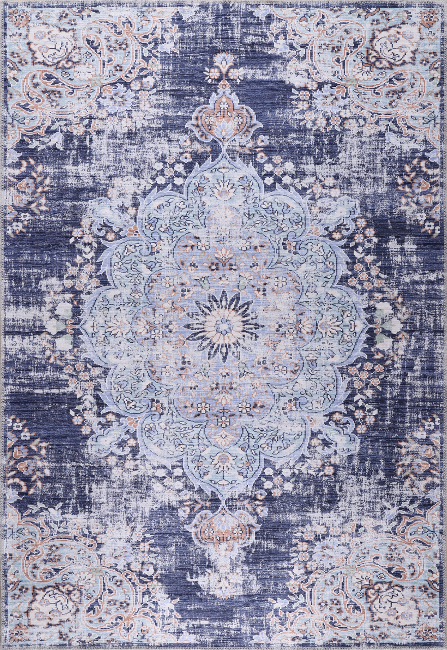 Blue abstract medallion washable rug by Netline Home featuring traditional design and intricate pattern on soft fabric.