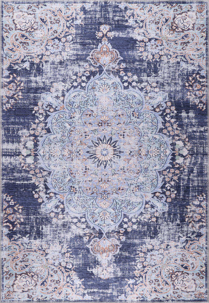 Netline Home Rugs Depot Tappeto lavabile con motivo a medaglione astratto blu tradizionale 1487 shown in an illustrative room
