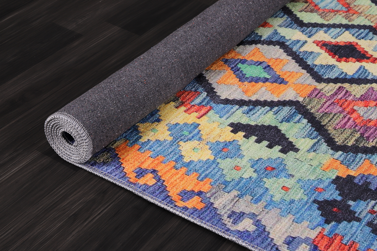 Multicolor tribal diamond geometric kilim rug by Netline Home, machine washable, ideal for living room, bedroom, or dining area.