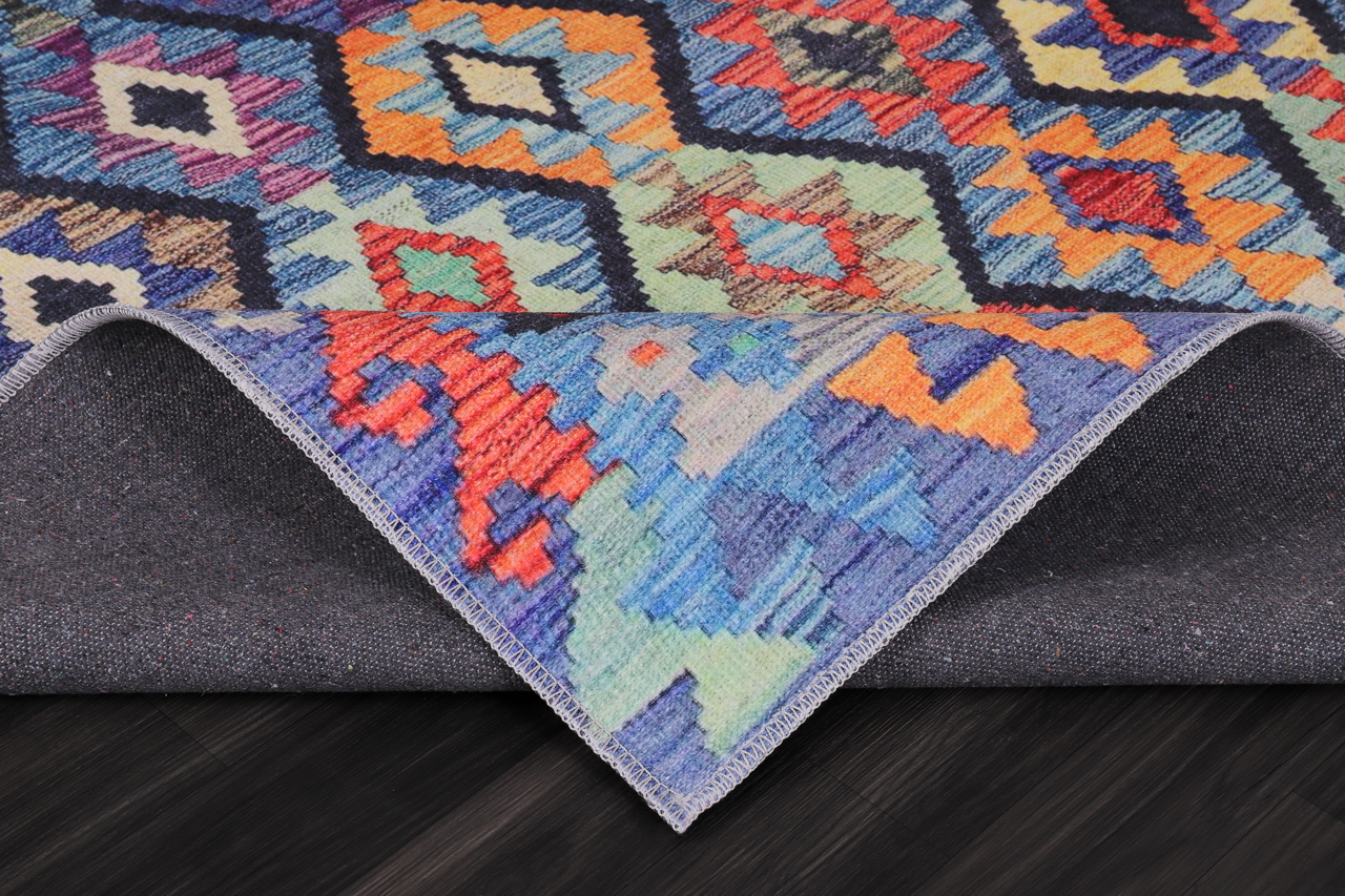 Colorful multicolor tribal diamond kilim rug by Netline Home, machine washable geometric carpet for living room, bedroom, or dining area.