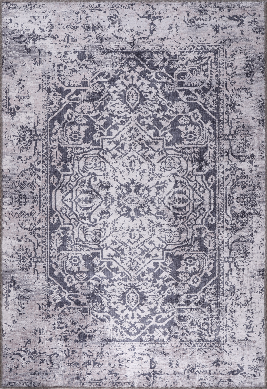 Blue abstract washable rug by Netline Home with traditional design, featuring intricate patterns and vibrant colors on a soft fabric surface.