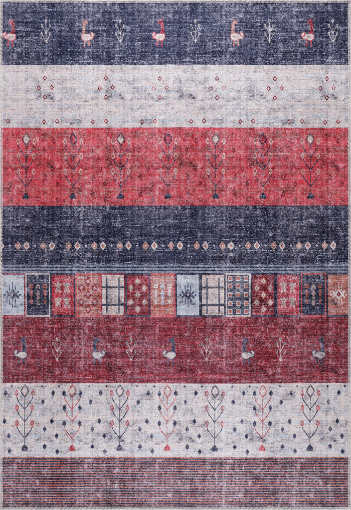 Tapis Gabbeh lavable en machine Netline Home Rugs Depot NH1339 | Tapis oriental à rayures tribales et motifs symboliques pour salon, chambre et salle à manger shown in an illustrative room