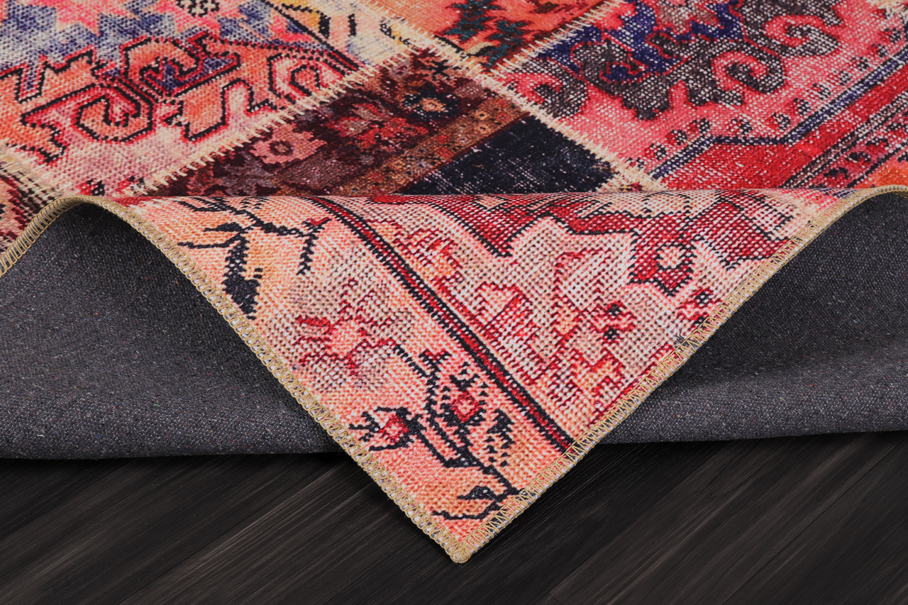 Red medallion patchwork washable rug by Netline Home featuring traditional kilim design and vibrant colors.