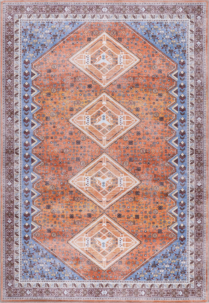 Tribal Multicolor Geometric Washable Rug Design R1 shown in an illustrative room