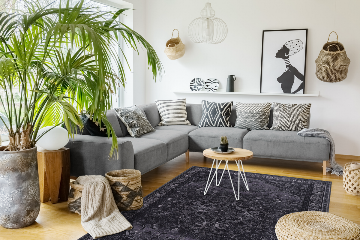 Black geometric medallion washable rug by Netline Home featuring tribal-inspired design and durable, easy-to-clean fabric.