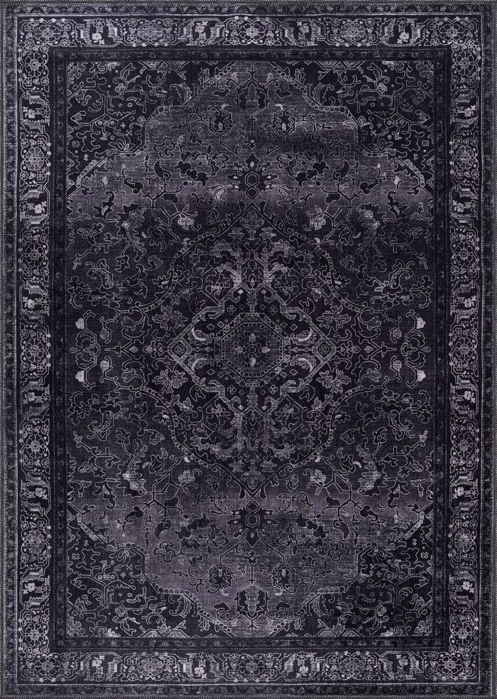 Tapis lavable Netline Home Rugs Depot, motif médaillon géométrique noir tribal, référence 1318 shown in an illustrative room