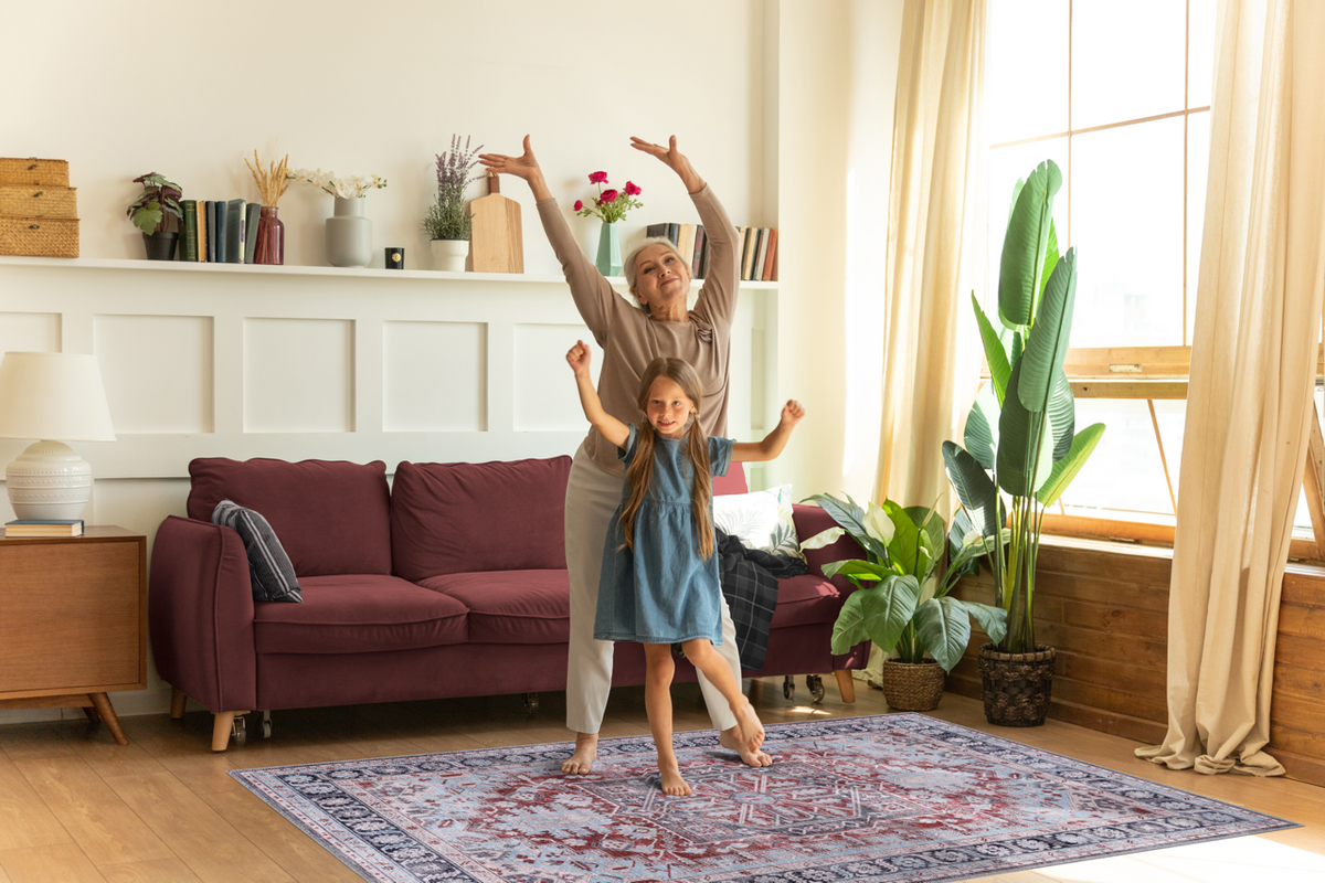 Bohemian grey striped washable rug by Netline Home, showcasing its soft fabric and modern design with bold stripe pattern.