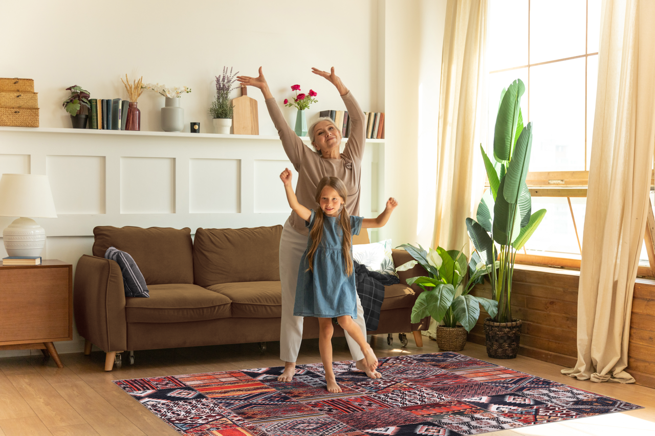 Kilim Red Medallion Patchwork washable rug by Netline Home, featuring vibrant red medallion design and intricate patchwork pattern.