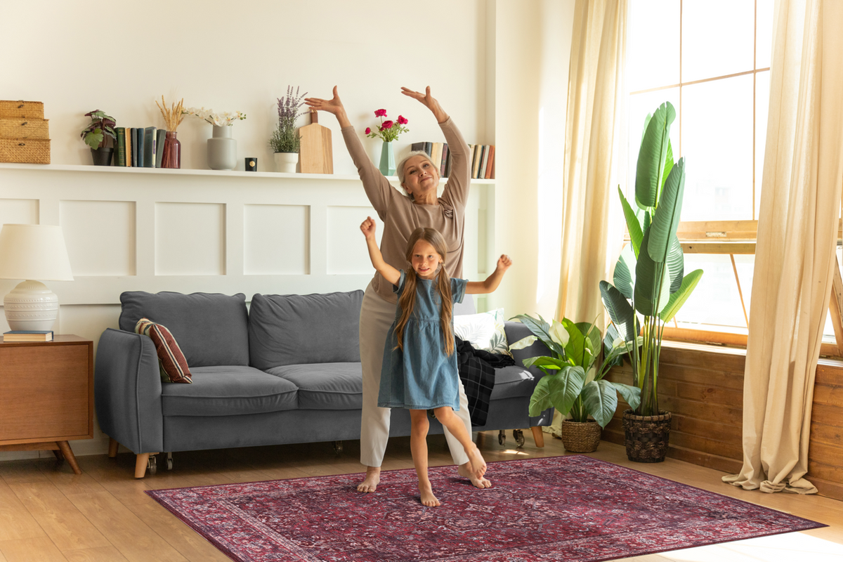 Multicolor geometric washable rug by Netline Home featuring vibrant tribal patterns and a durable, soft fabric.