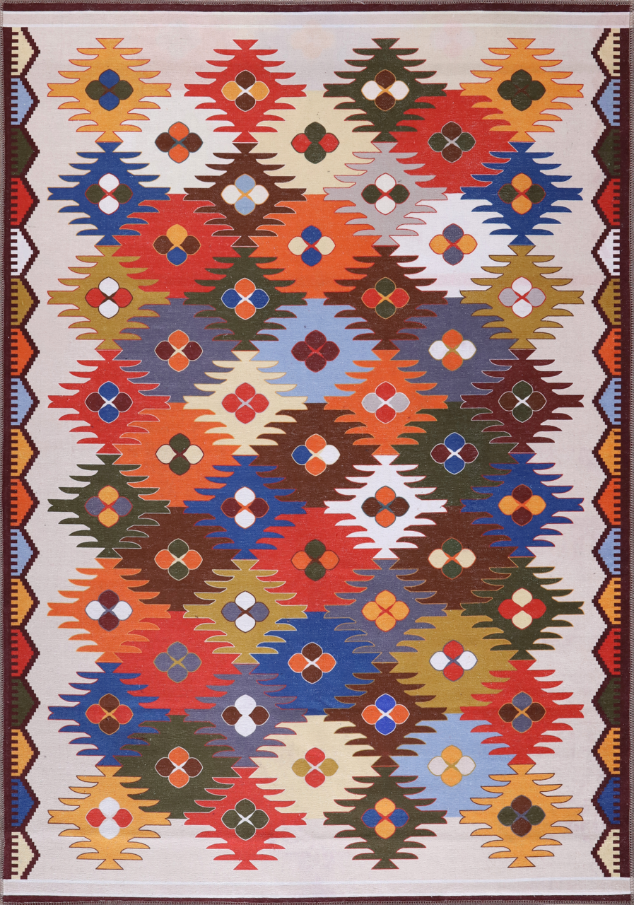 Multicolor washable Kilim rug by Netline Home featuring traditional Anatolian geometric patterns for living rooms and bedrooms.