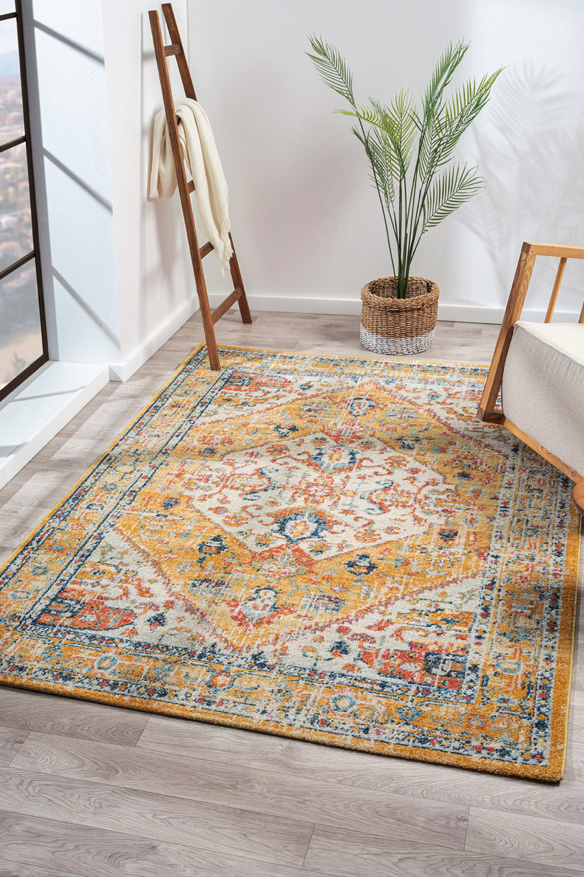 Vintage Netline Home area rug with mustard and rust bohemian design, featuring intricate patterns and warm earthy tones.