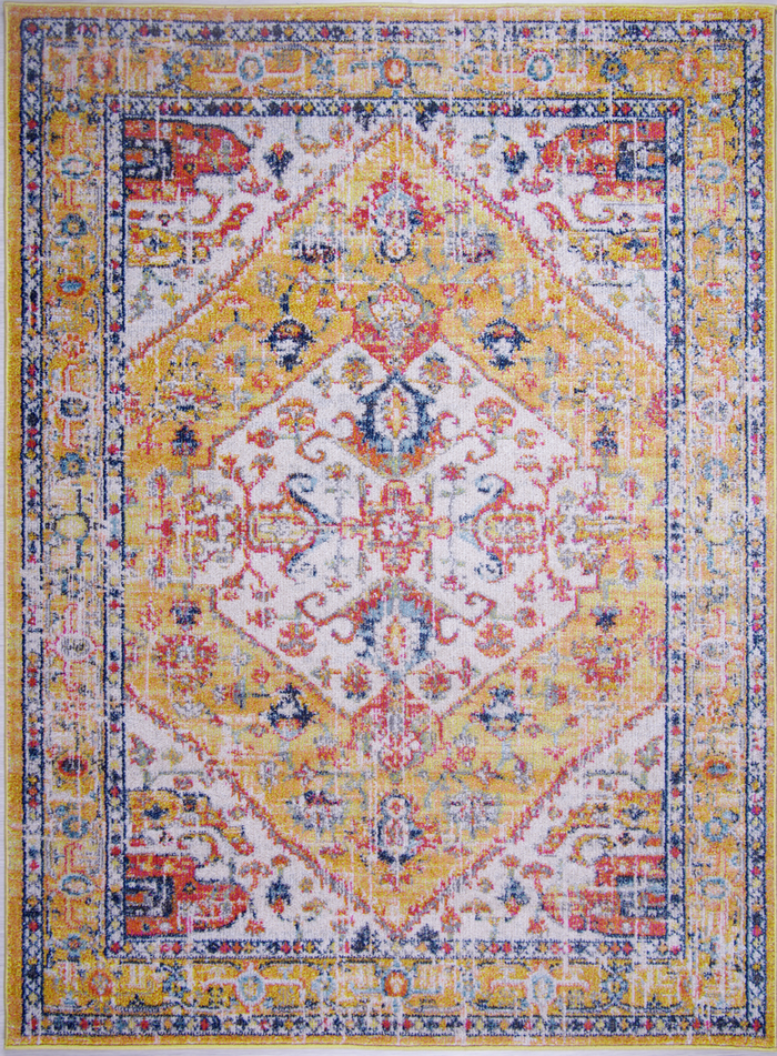 Tapis vintage Netline Home 7656 – Moutarde et rouille style bohème shown in an illustrative room