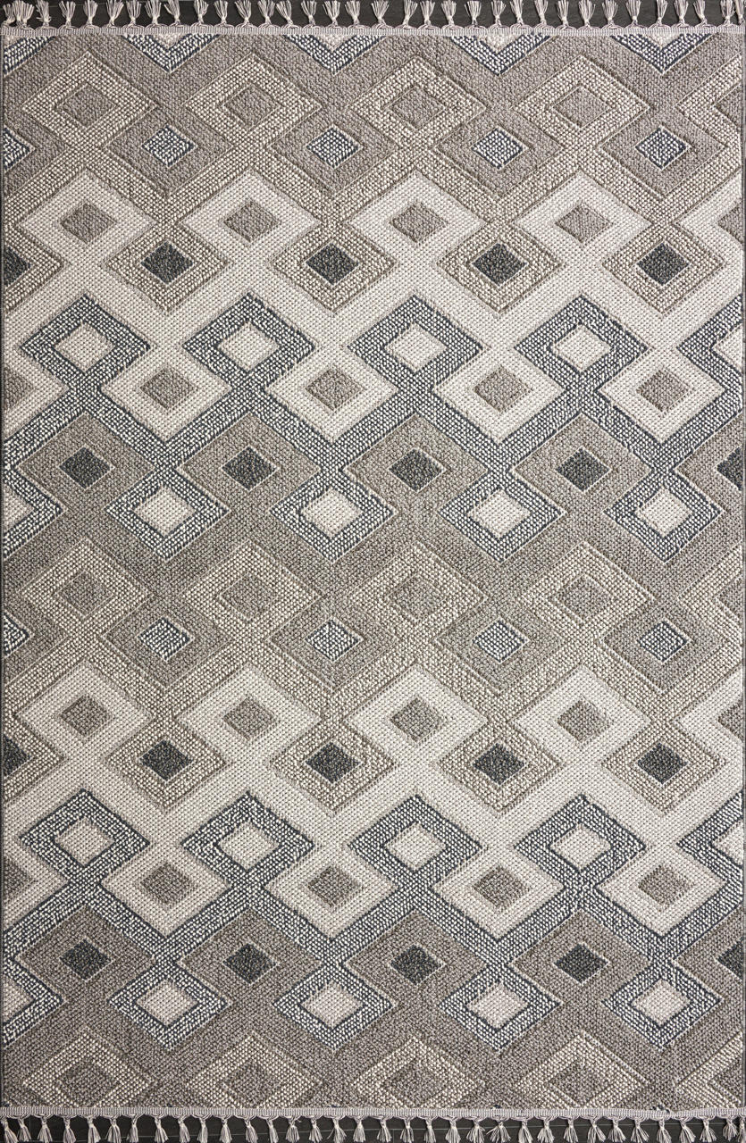 Grey and cream polypropylene runner rug with textured diamond pattern, UV resistant flatweave carpet by Netline Home.
