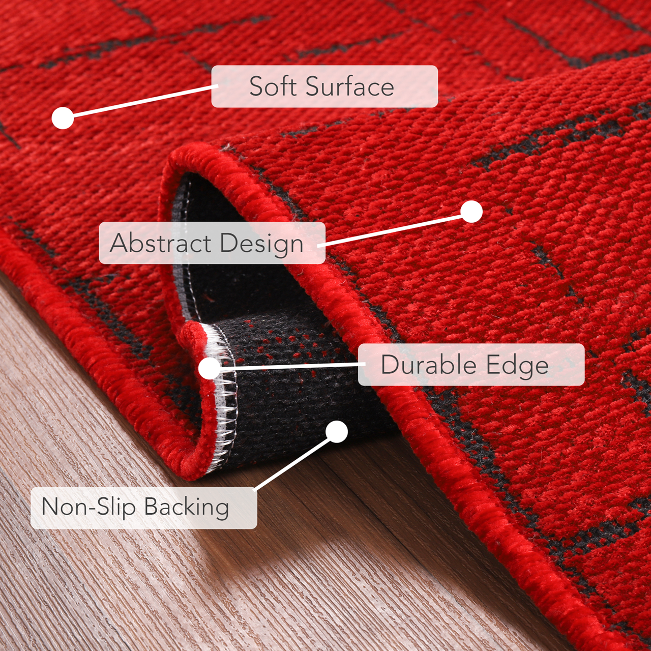 Machine washable red chenille rug by Netline Home, soft and durable, shown rolled out on a living room floor.