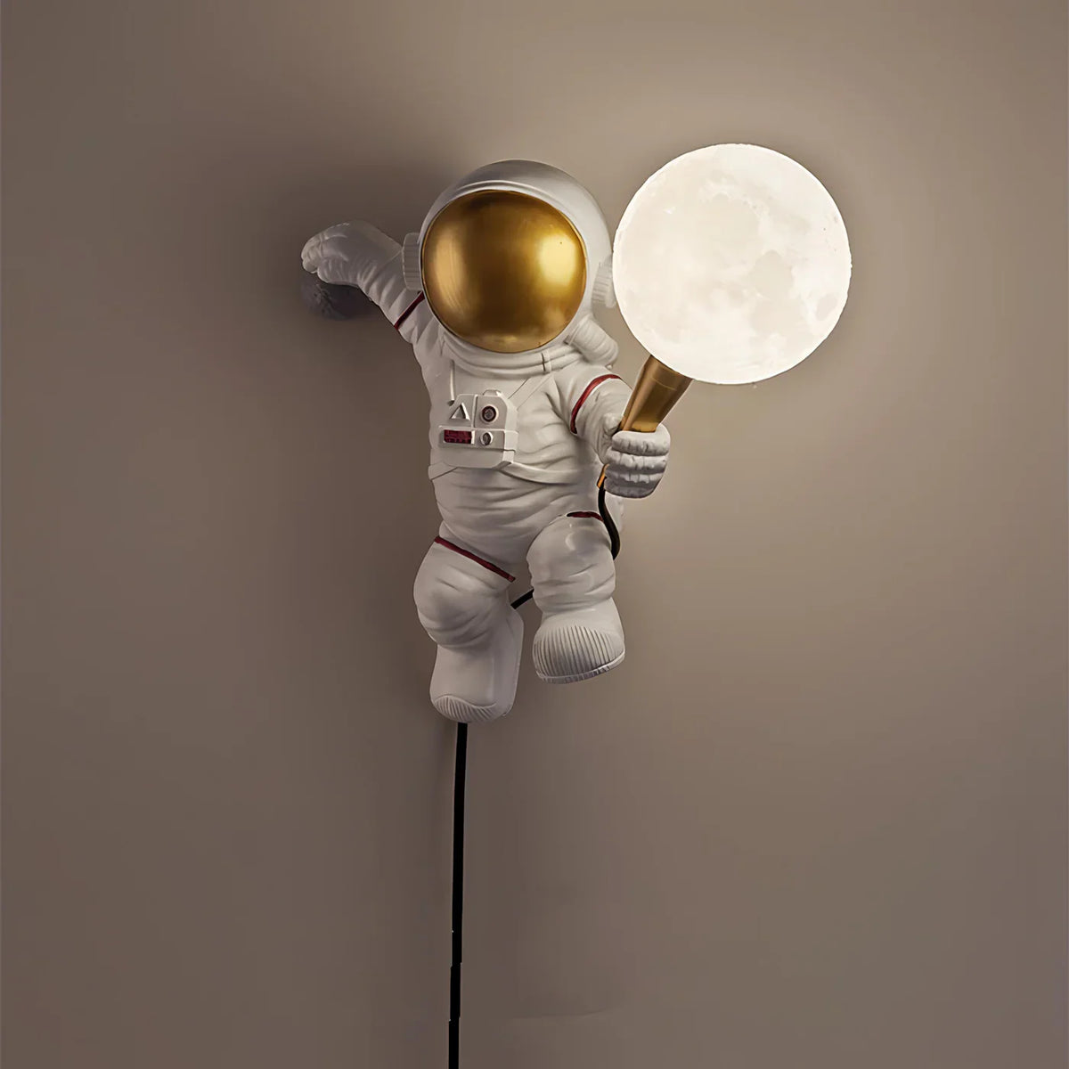 Astronaut LED wall light with moon globe design, plug-in night light for kids' bedroom by Light My House, UK plug-in version