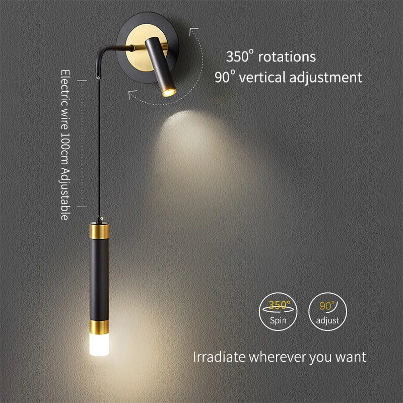 Bold gold wall lamp with integrated reading light by Light My House, featuring LED warm white lighting and modern design.