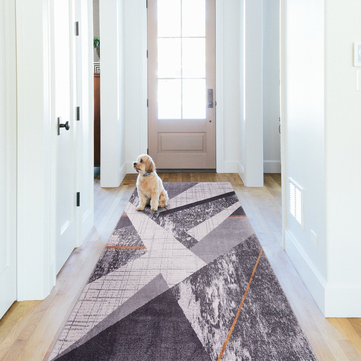 Bohemian grey striped washable rug by Netline Home featuring a modern, stylish design with horizontal stripes and soft fabric.