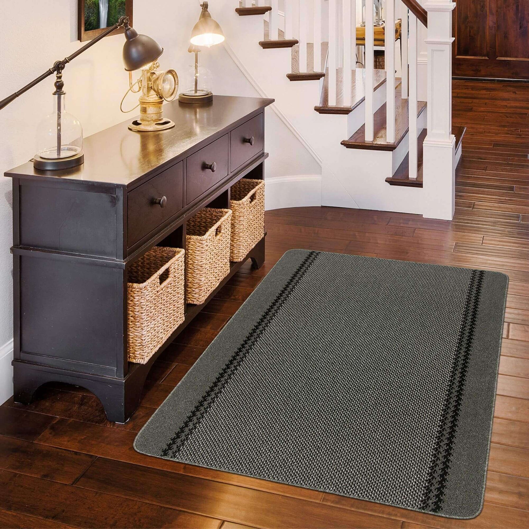 Washable Bordered Dark Grey Rug – 116D