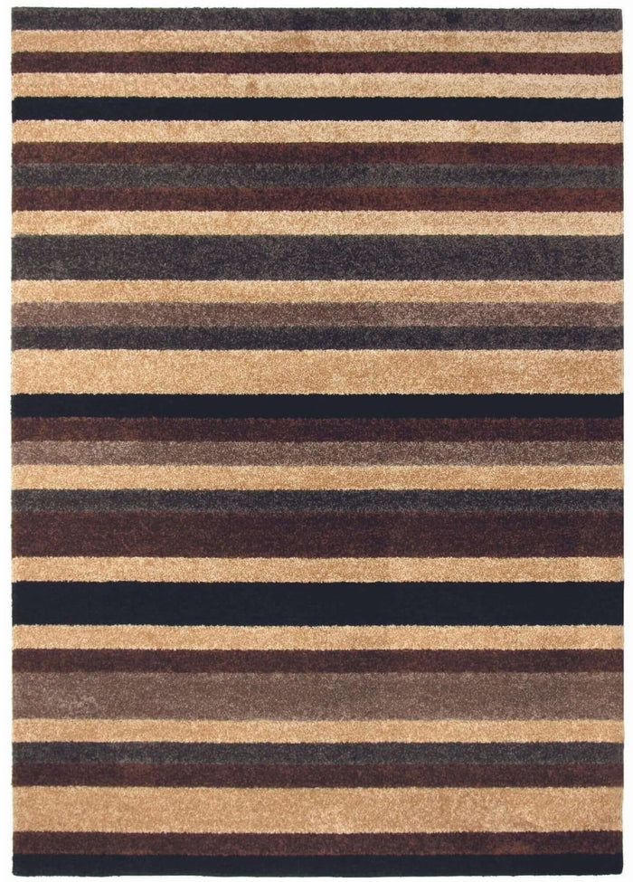 Linea Striped Caramel Washable Rug shown in an illustrative room