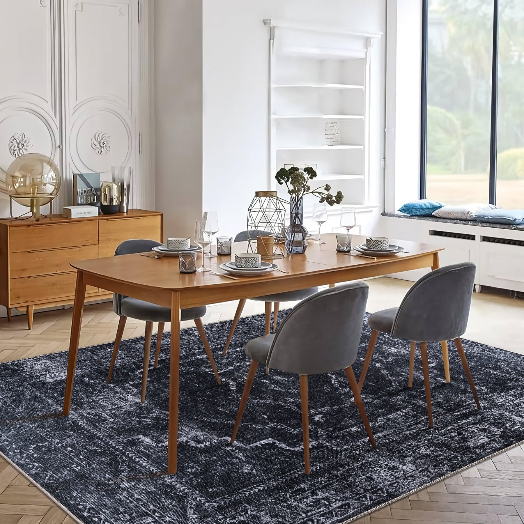Machine washable black distressed rug with vintage medallion design by Netline Home, ideal for living room, bedroom, or office.