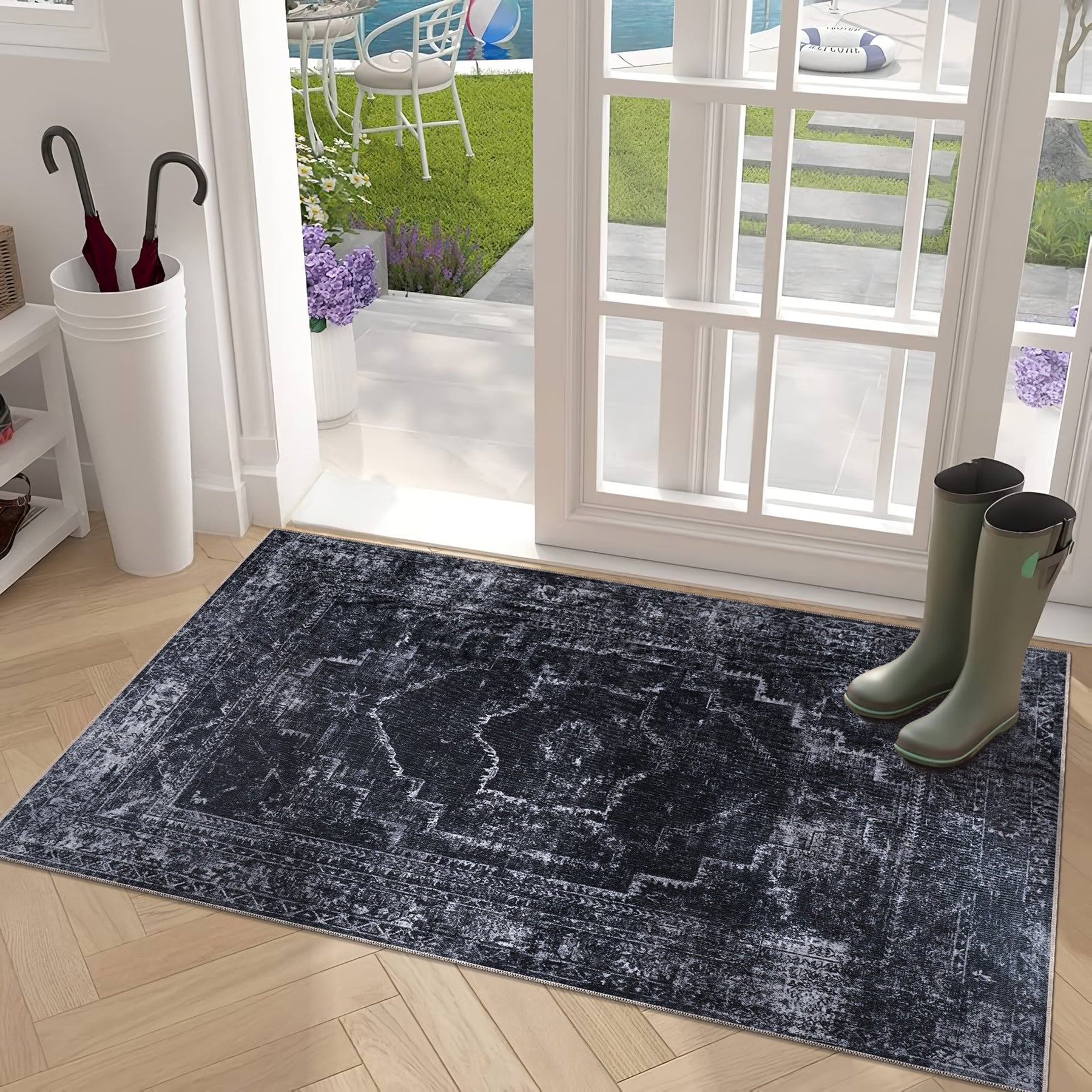 Machine washable black rug with vintage medallion design by Netline Home, suitable for living rooms, bedrooms, and offices.