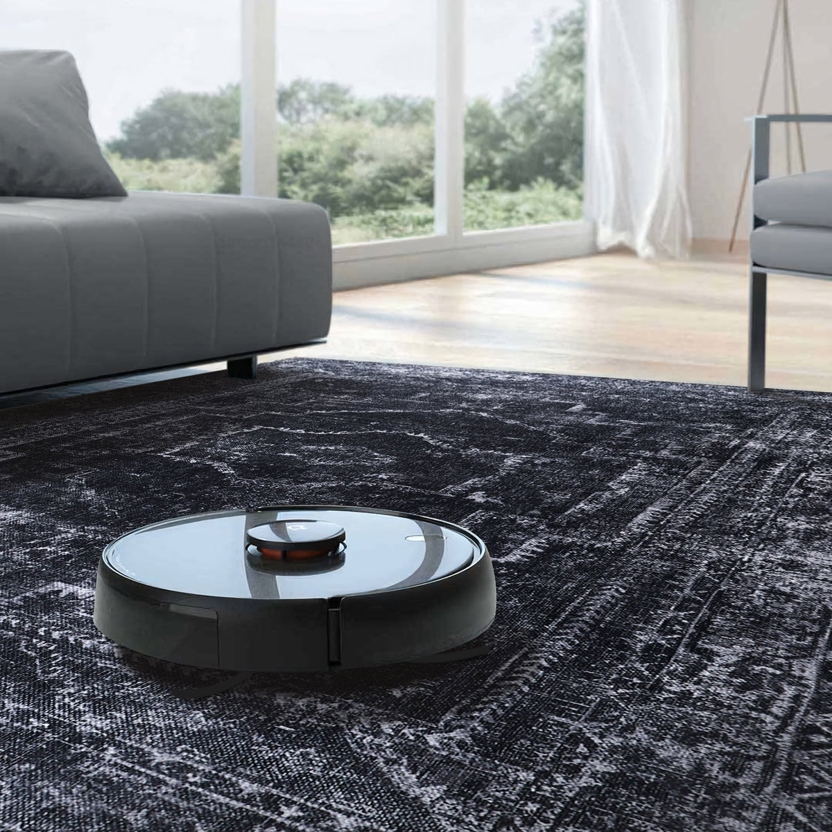 Machine washable black distressed rug with vintage medallion design by Netline Home, ideal for living room, bedroom, or office.
