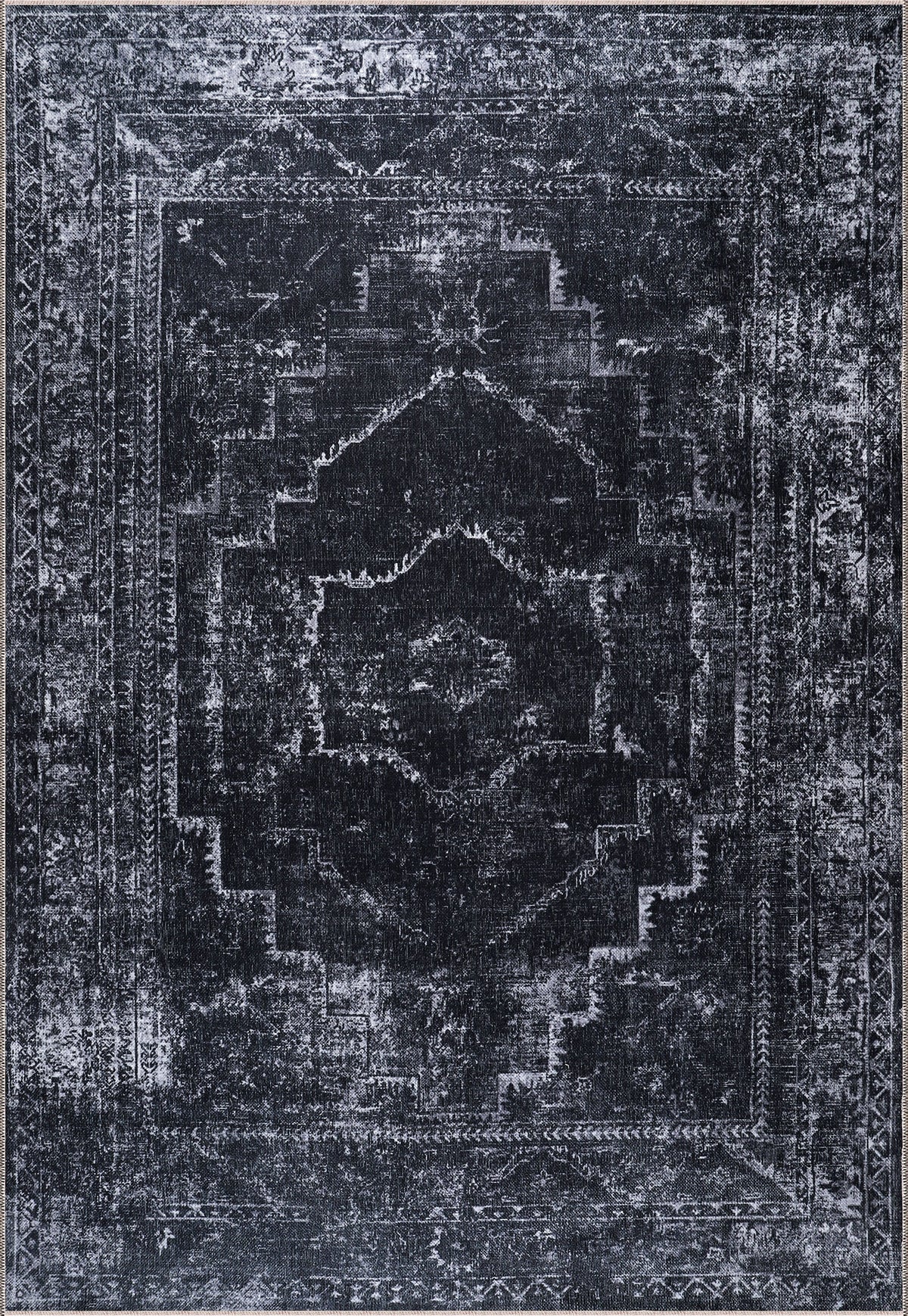Machine washable black distressed rug with vintage medallion design by Netline Home, ideal for living rooms, bedrooms, or offices.