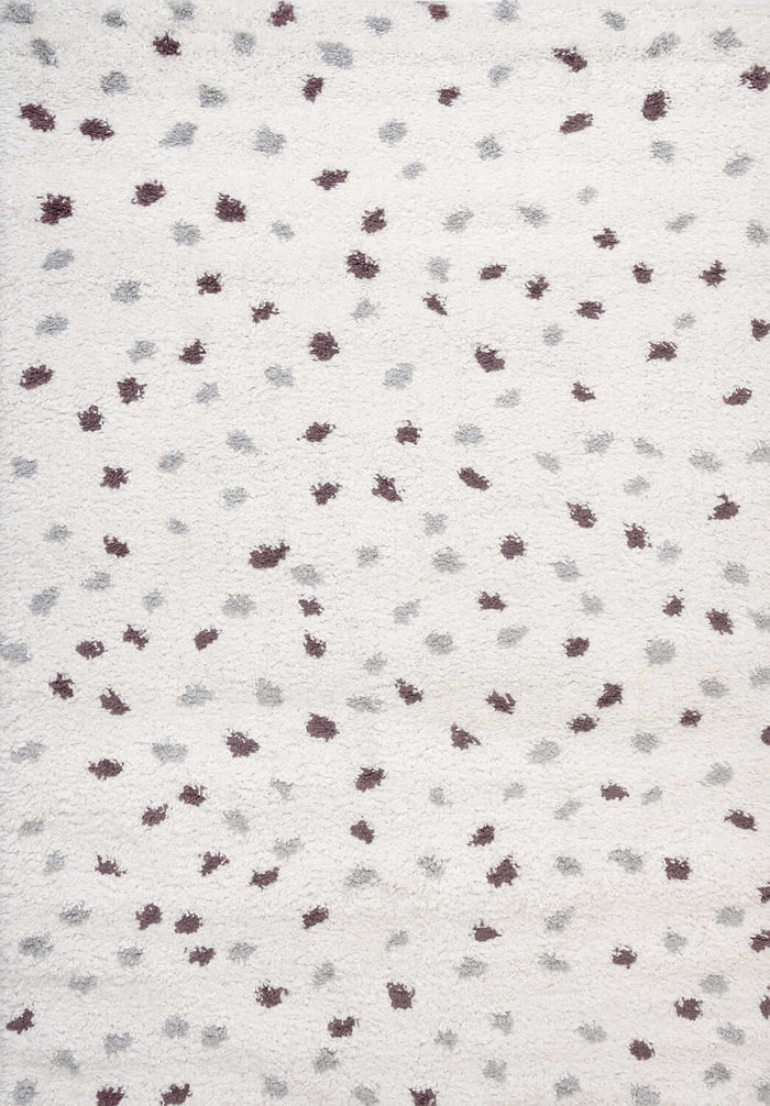Moodi Shaggy Grey/Purple Plumetis Rug shown in an illustrative room