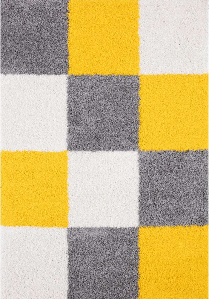 Myshaggy Geometric Yellow Rug shown in an illustrative room