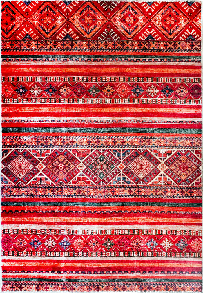 Netline Home Rugs Depot 1322K – Tappeto Kilim tribale rosso lavabile in lavatrice | Tappeto a righe geometriche multicolori per soggiorno, camera da letto e sala da pranzo shown in an illustrative room