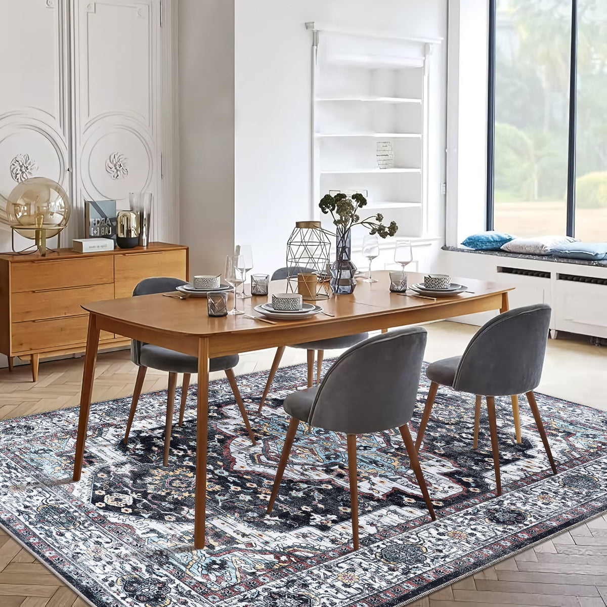 Machine washable Persian medallion rug by Netline Home featuring black, white, and blue accents, ideal for living rooms and bedrooms.