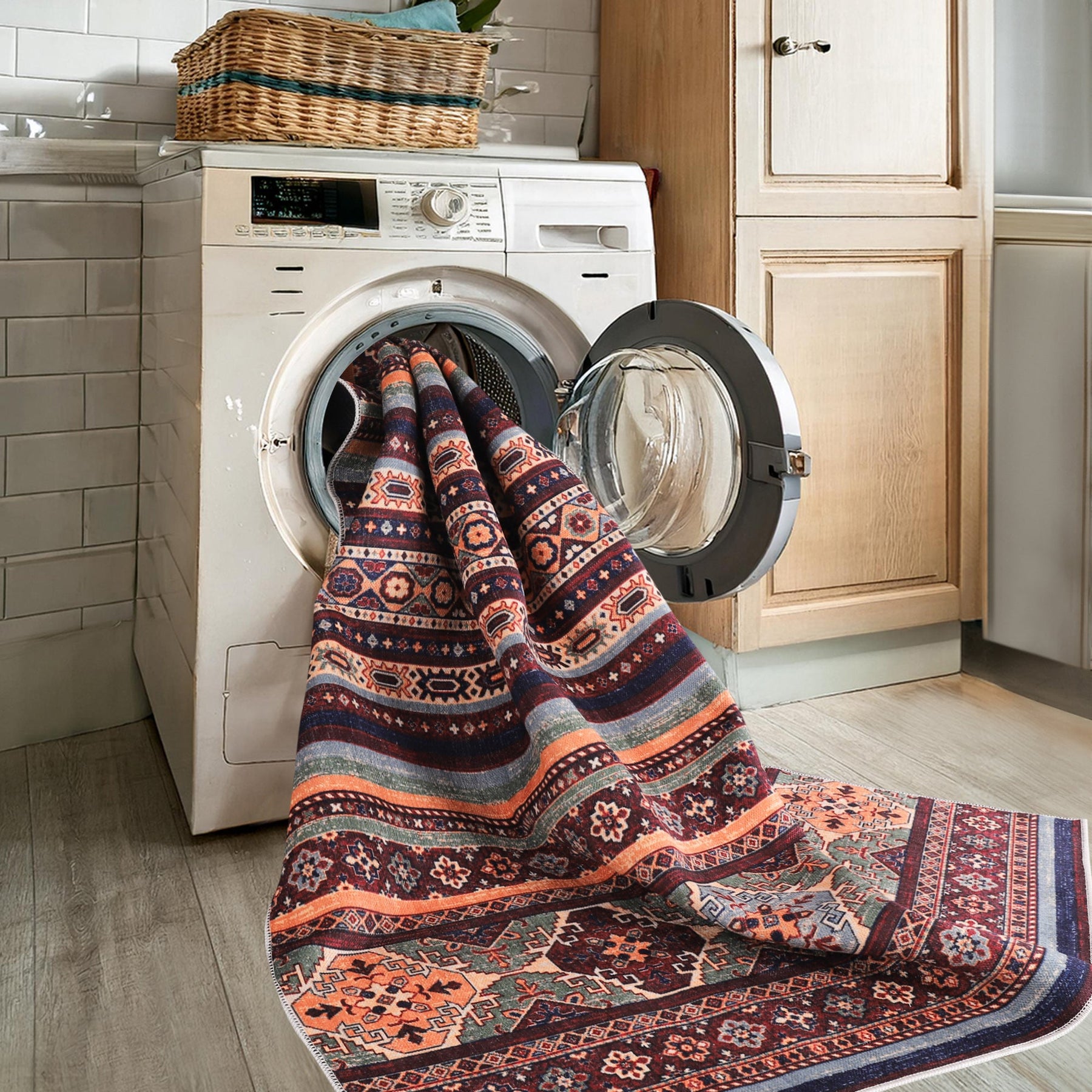 Multicolor tribal kilim rug by Netline Home featuring geometric stripes, machine washable design for living room, bedroom, or dining.