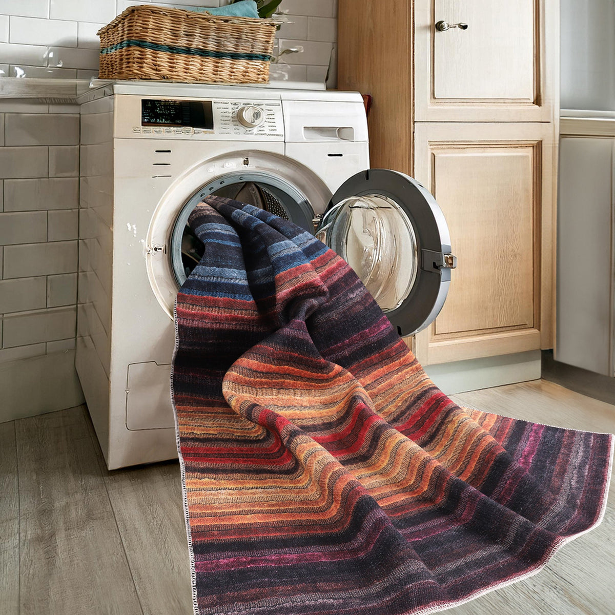 Multicolor striped washable rug by Netline Home, modern bohemian design, vibrant area carpet for living room, bedroom, or office.