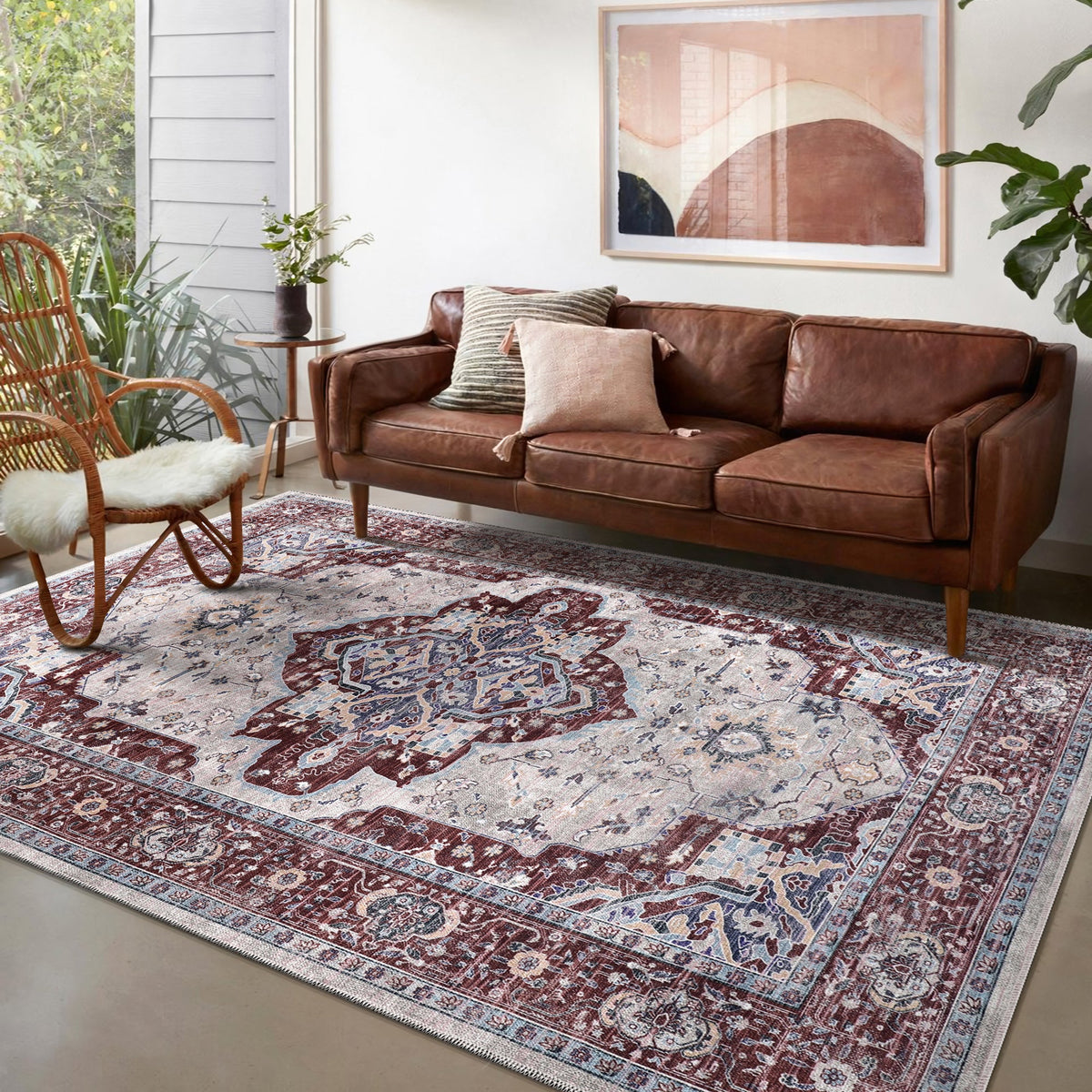 Machine washable Persian medallion rug by Netline Home featuring traditional oriental design, ideal for living room, bedroom, or dining.