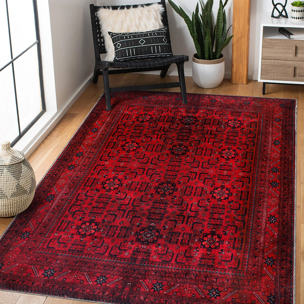 Machine washable red Afghan pattern area rug with traditional geometric design, ideal for living room, bedroom, or office.