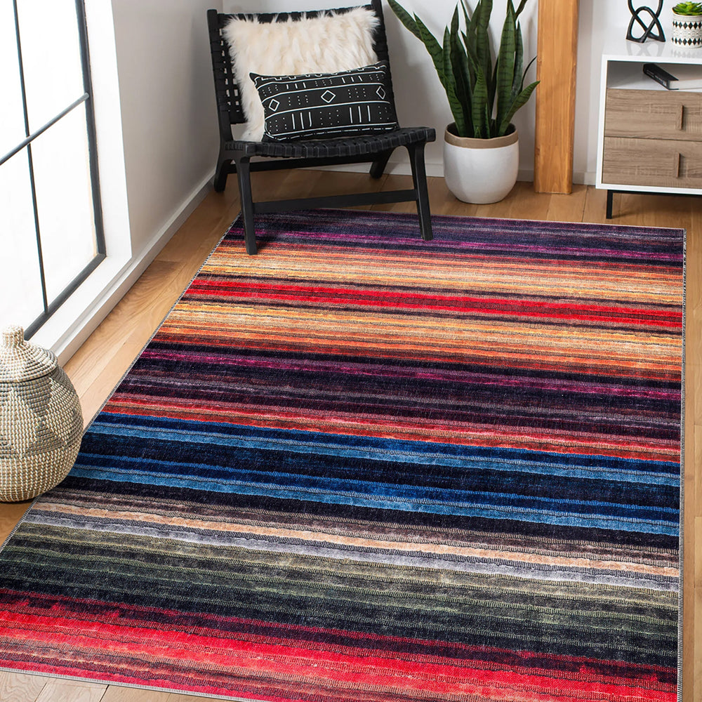 Multicolor striped washable area rug by Netline Home featuring vibrant modern bohemian design for living rooms, bedrooms, and offices.