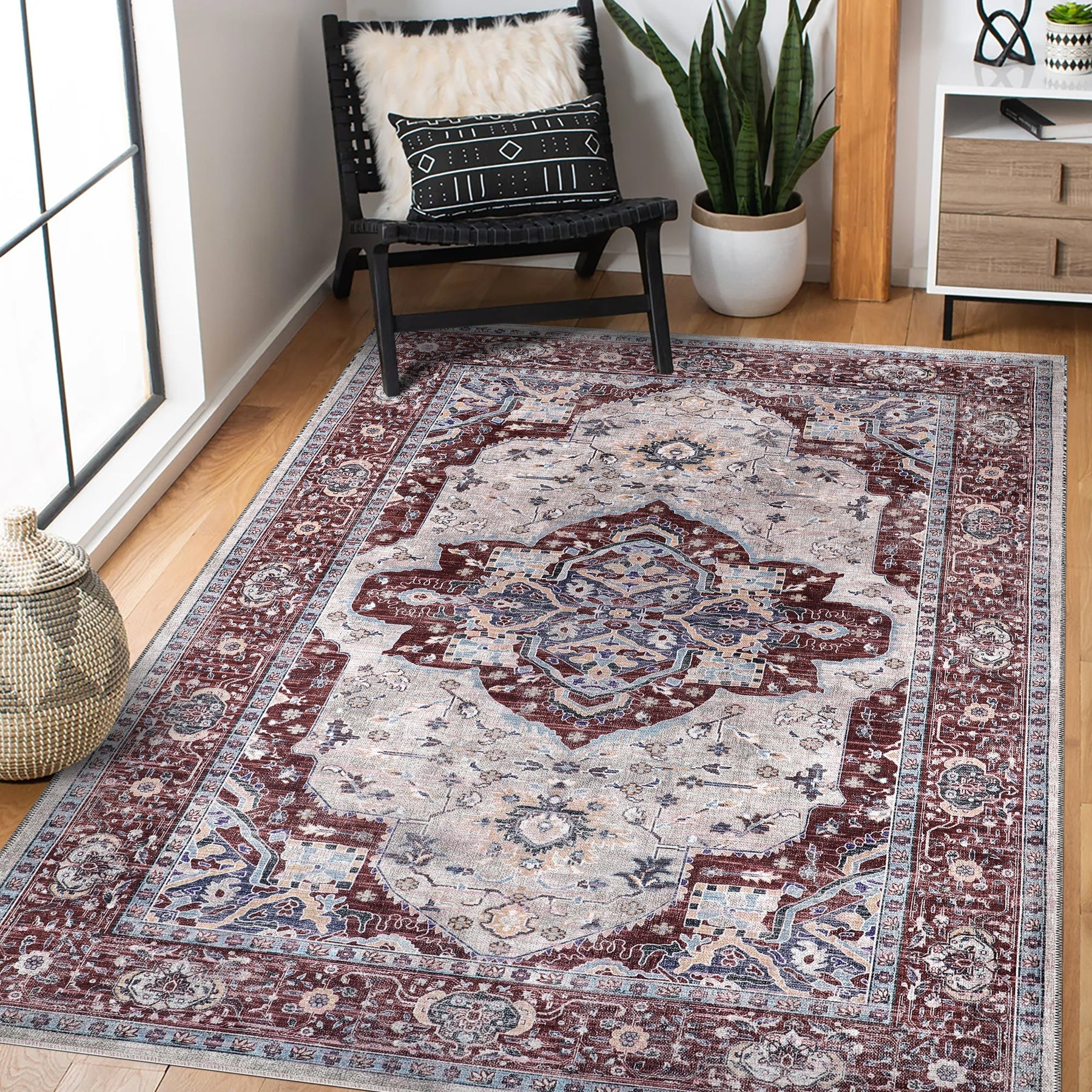 Machine washable Persian medallion rug by Netline Home featuring traditional oriental design, ideal for living room, bedroom, or dining area.