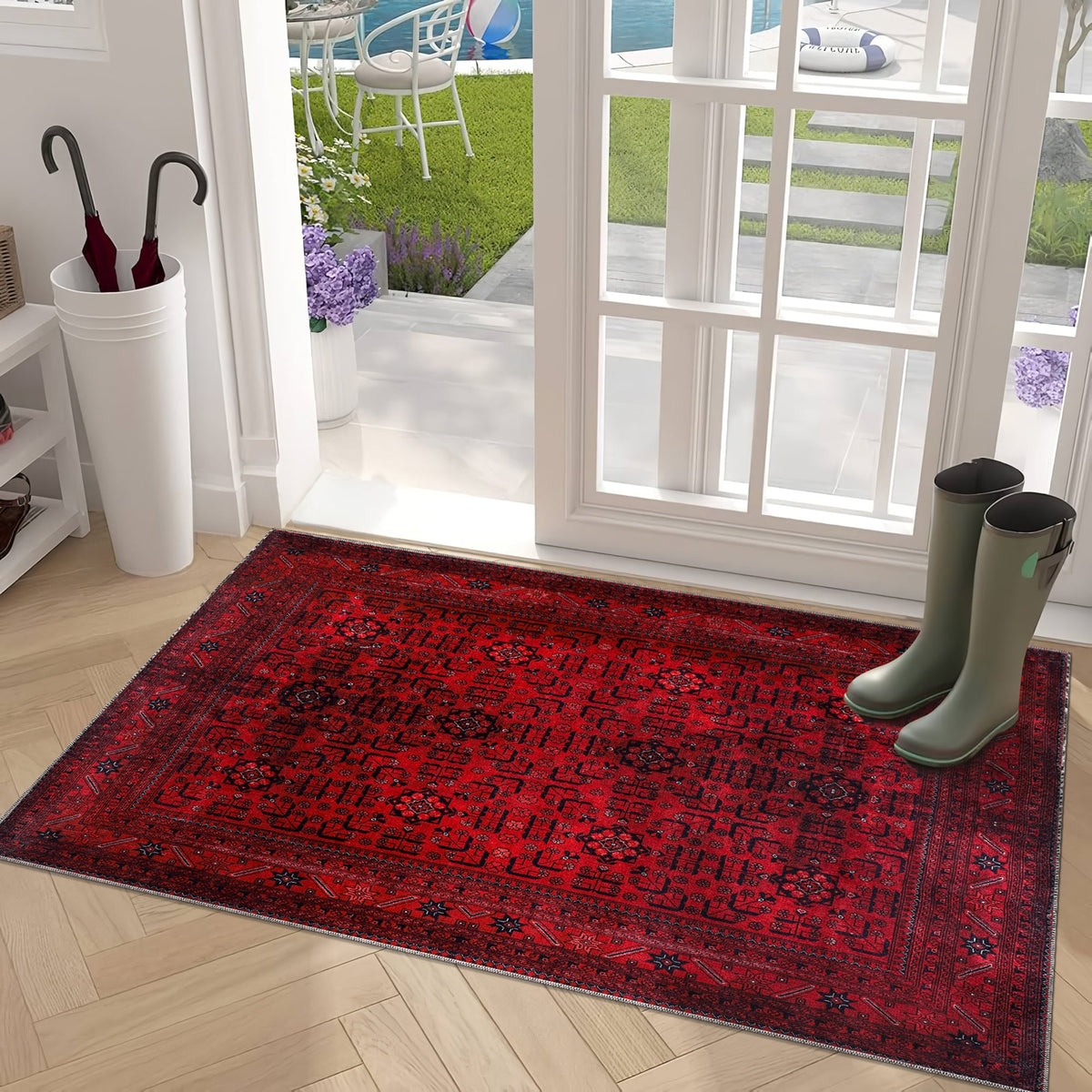 Machine washable red Afghan pattern area rug by Netline Home with traditional geometric design, ideal for living room, bedroom, or office.