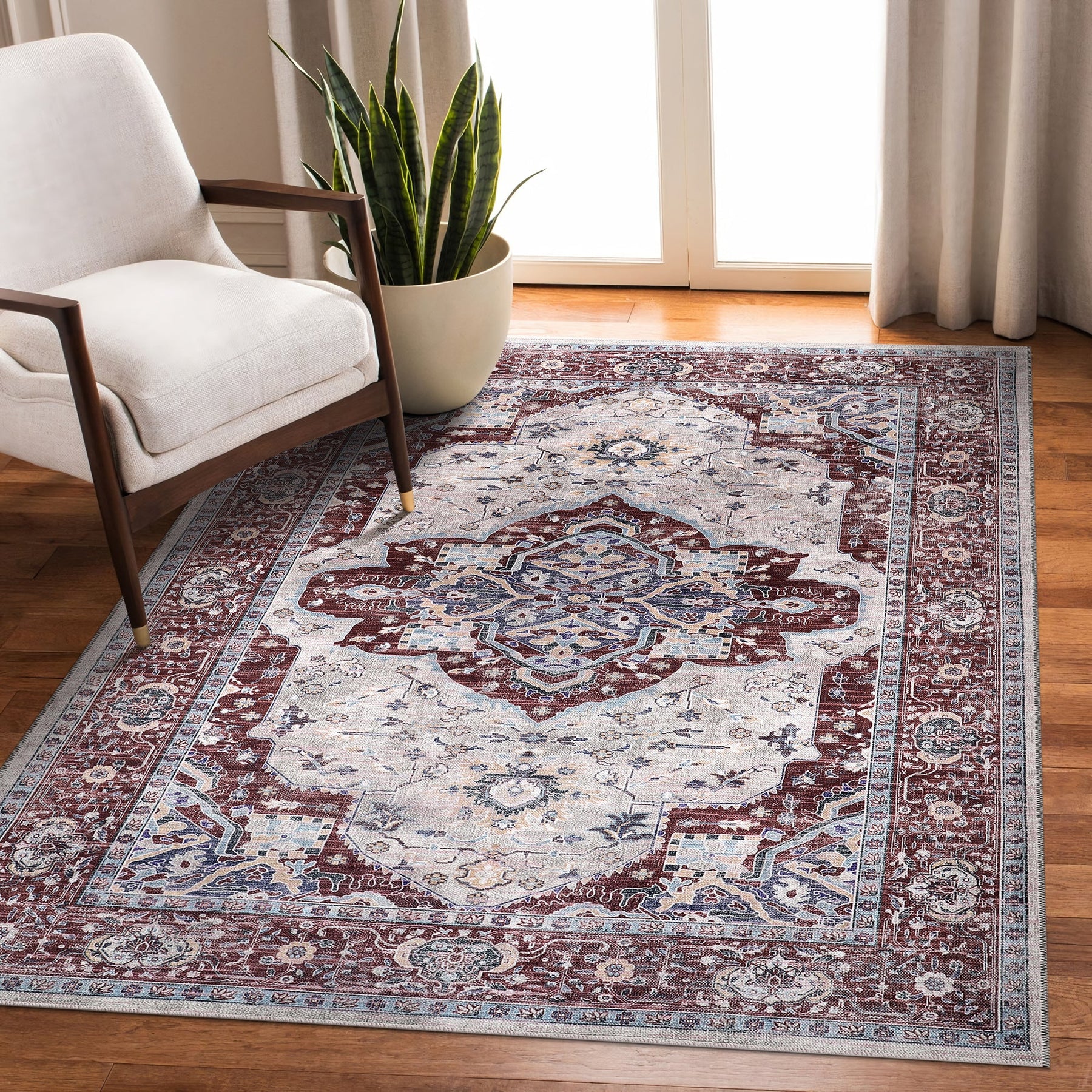 Machine washable Persian medallion rug by Netline Home, traditional oriental vintage design for living room, bedroom, or dining area.