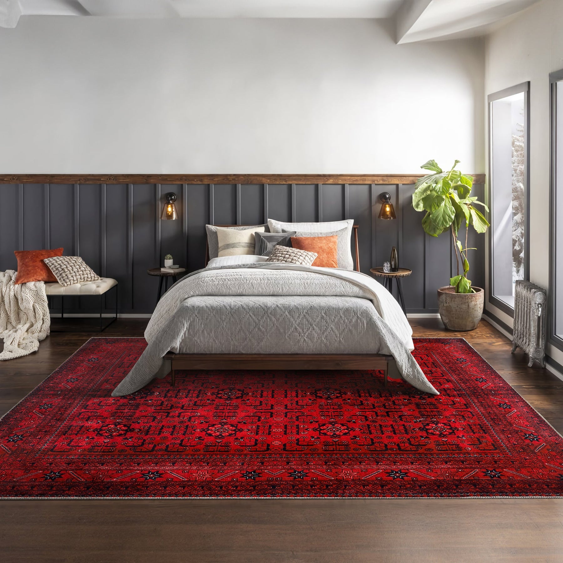 Red washable Afghan pattern area rug by Netline Home featuring traditional geometric design for living room, bedroom, or office.